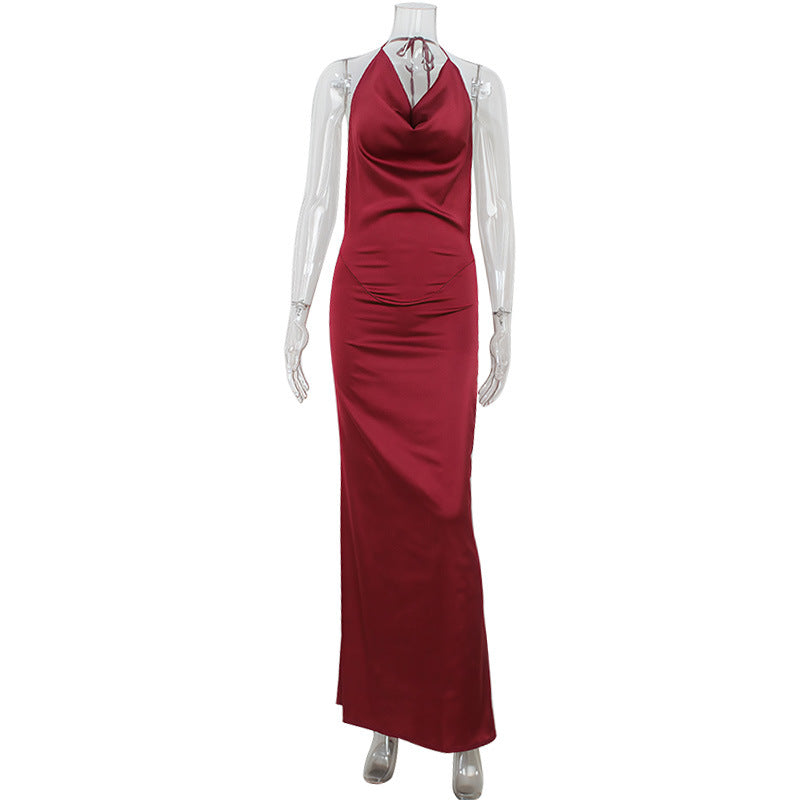 Low Cut Halter Swing Collar Sexy Backless Wine Red Slim Fit Graceful Satin Dress