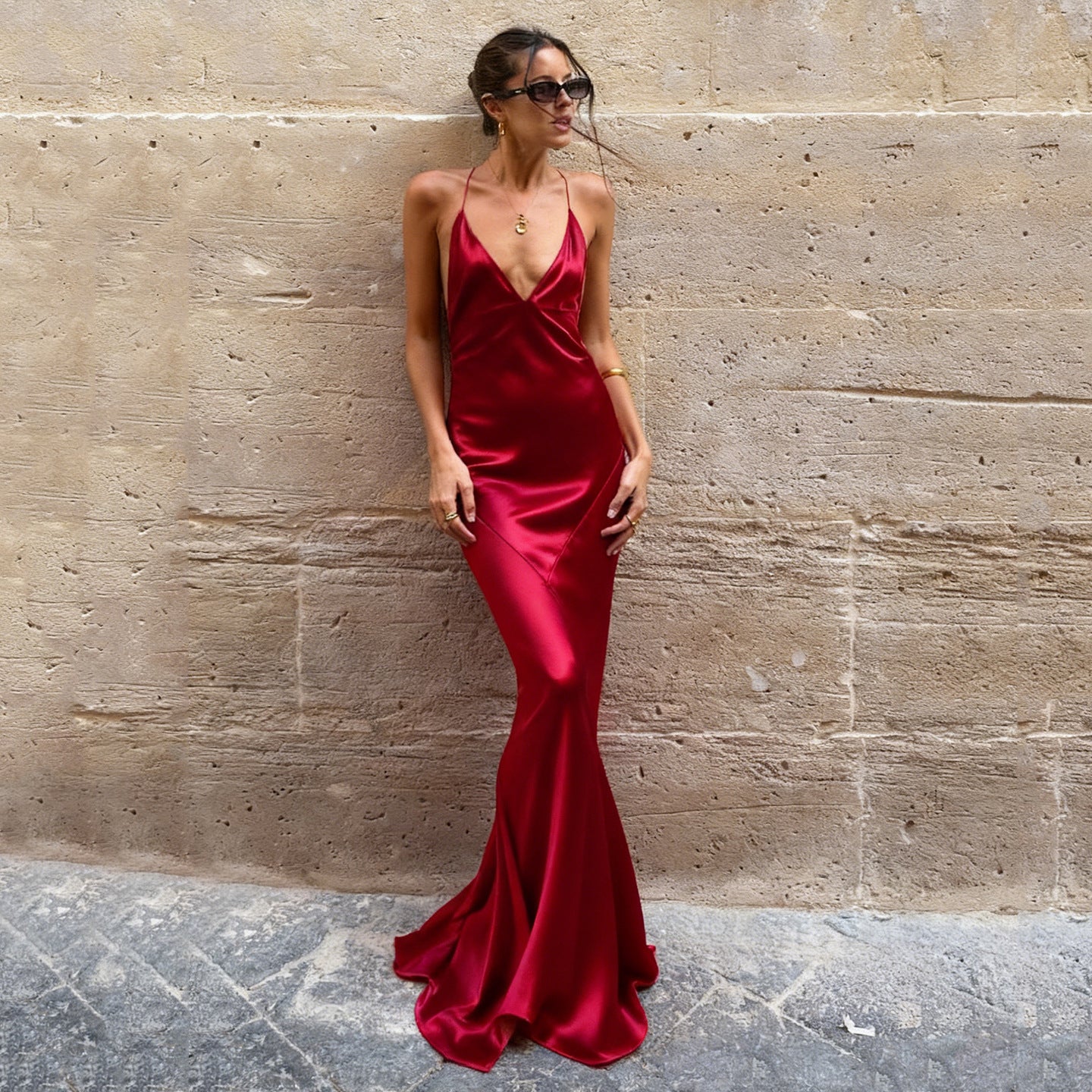 Elegant Satin Evening Dress Cocktail Wine Red Sexy V neck Strap Dress Backless Fishtail Dress