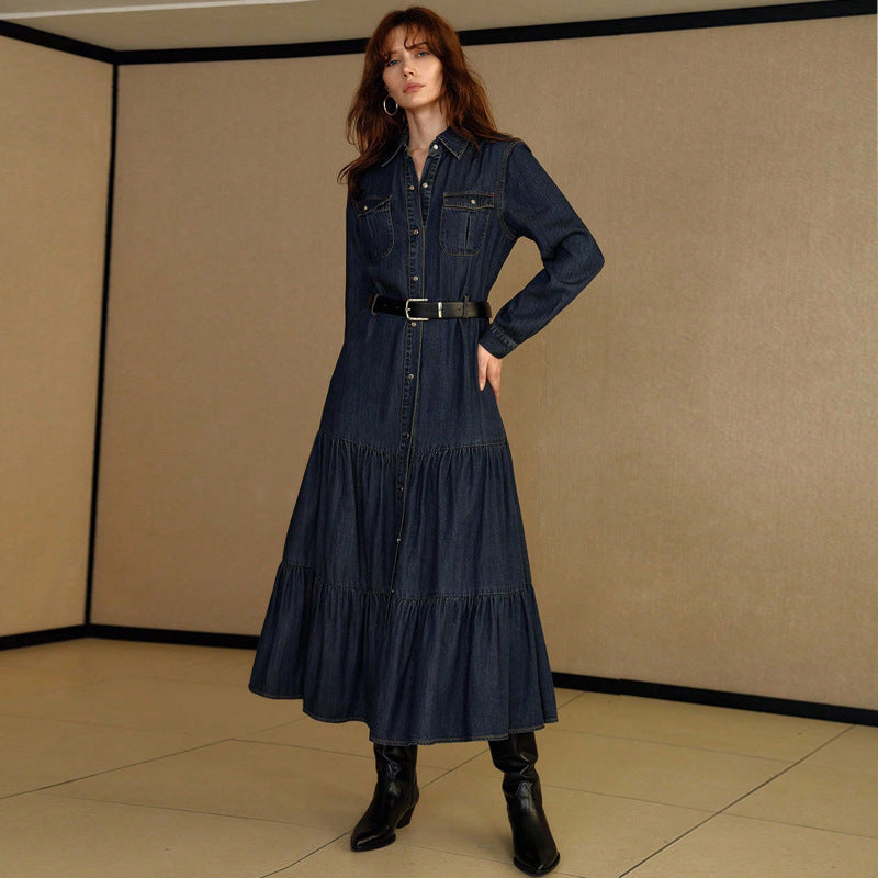 Women Clothing Denim Long Sleeve Breasted Waist Dress（Without Belt）