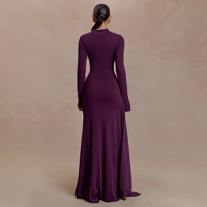 Women Clothing Winter Solid Color High Collar Long Sleeve Pinch Pleated Ribbon Elegant Maxi Dress