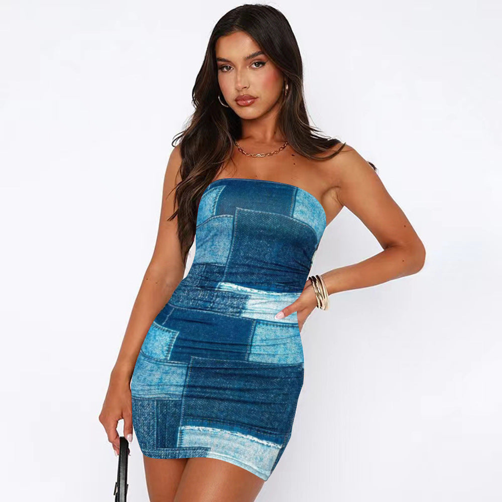 Women Clothing Summer Printed Slim Fit Sheath Dress Denim Color Advanced Tube Top