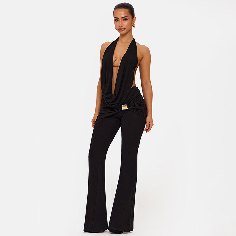 Women Clothing Winter Hanging Collar Backless Top Metal Buckle Bootcut Pants Two Piece Set