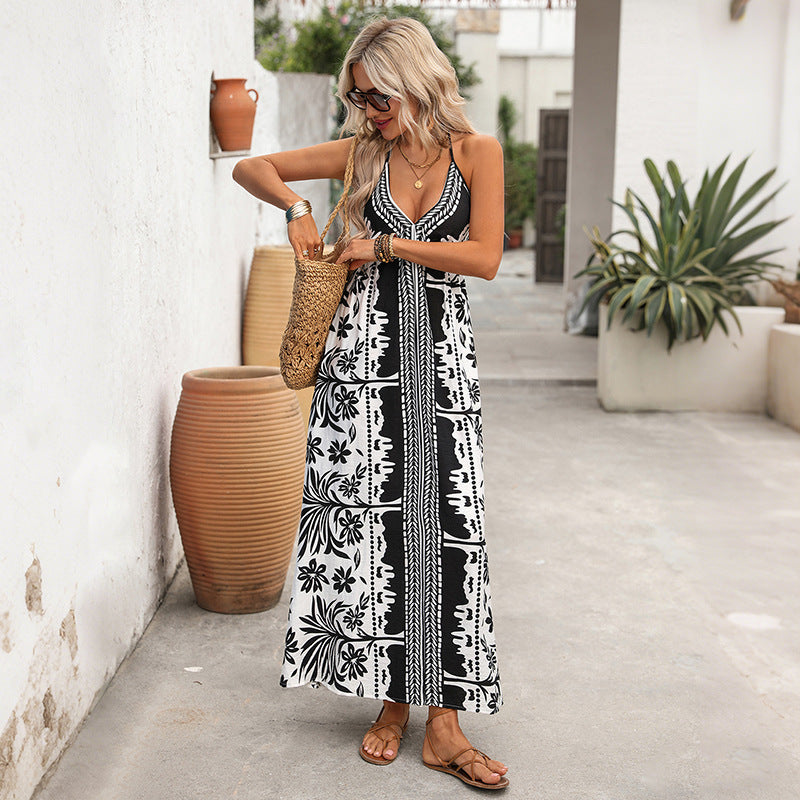 Ethnic Vacation Tropical Plant Printed Halter Dress