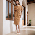 Retro Crew Neck Long Sleeve Twist Design Slim Fitting Mid Length Knitted Dress