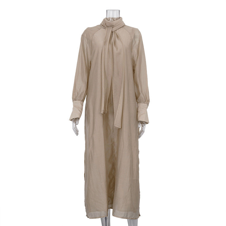 Women Clothing Stand up Collar Tie Dress Long Sleeve Side Slit Loose Casual Dress