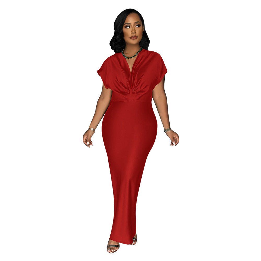 Women Wear V neck Short Sleeve Elegant Slim Back Slit Dress
