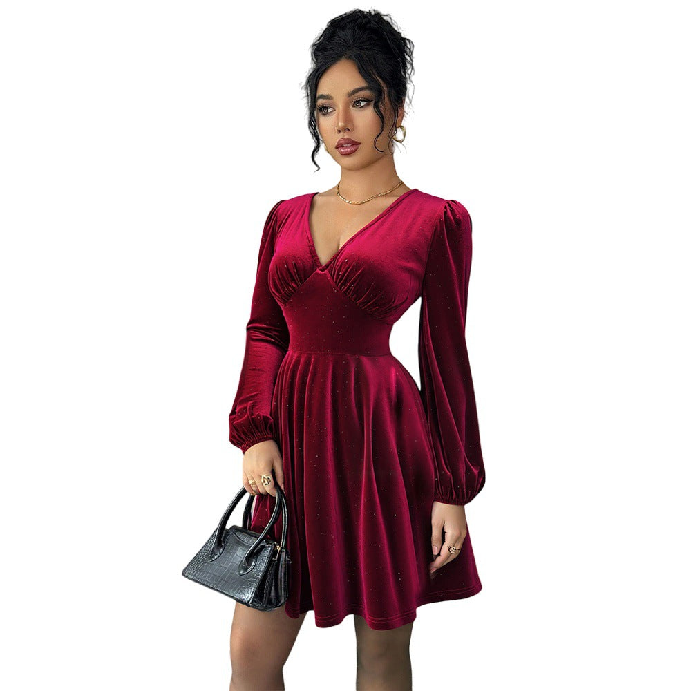 Retro Socialite Christmas Wine Red Velvet V neck Lantern Sleeve Slim Slimming A line Pleated Short Dress