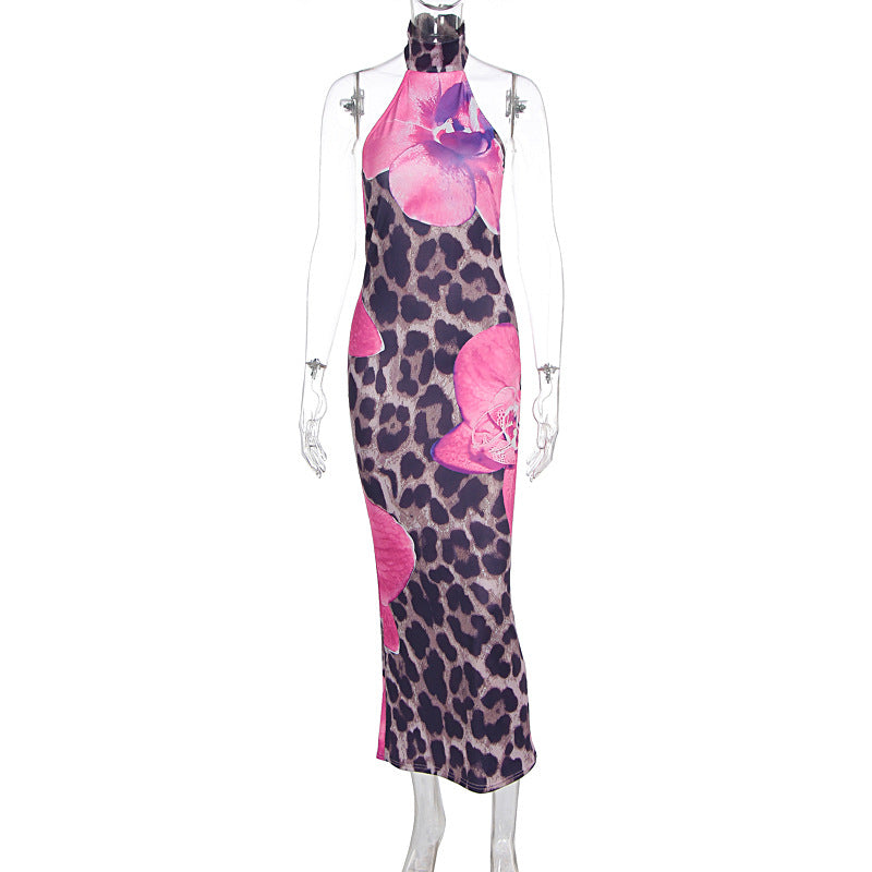 Summer Women Clothing Sexy Leopard Print round Neck Backless Slim Fit Sheath Dress