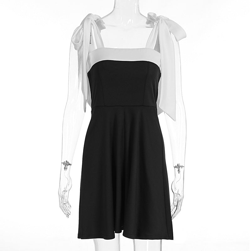 Summer Women Clothing Elegant Stitching Lace up Square Neck Cinched Slimming Dress