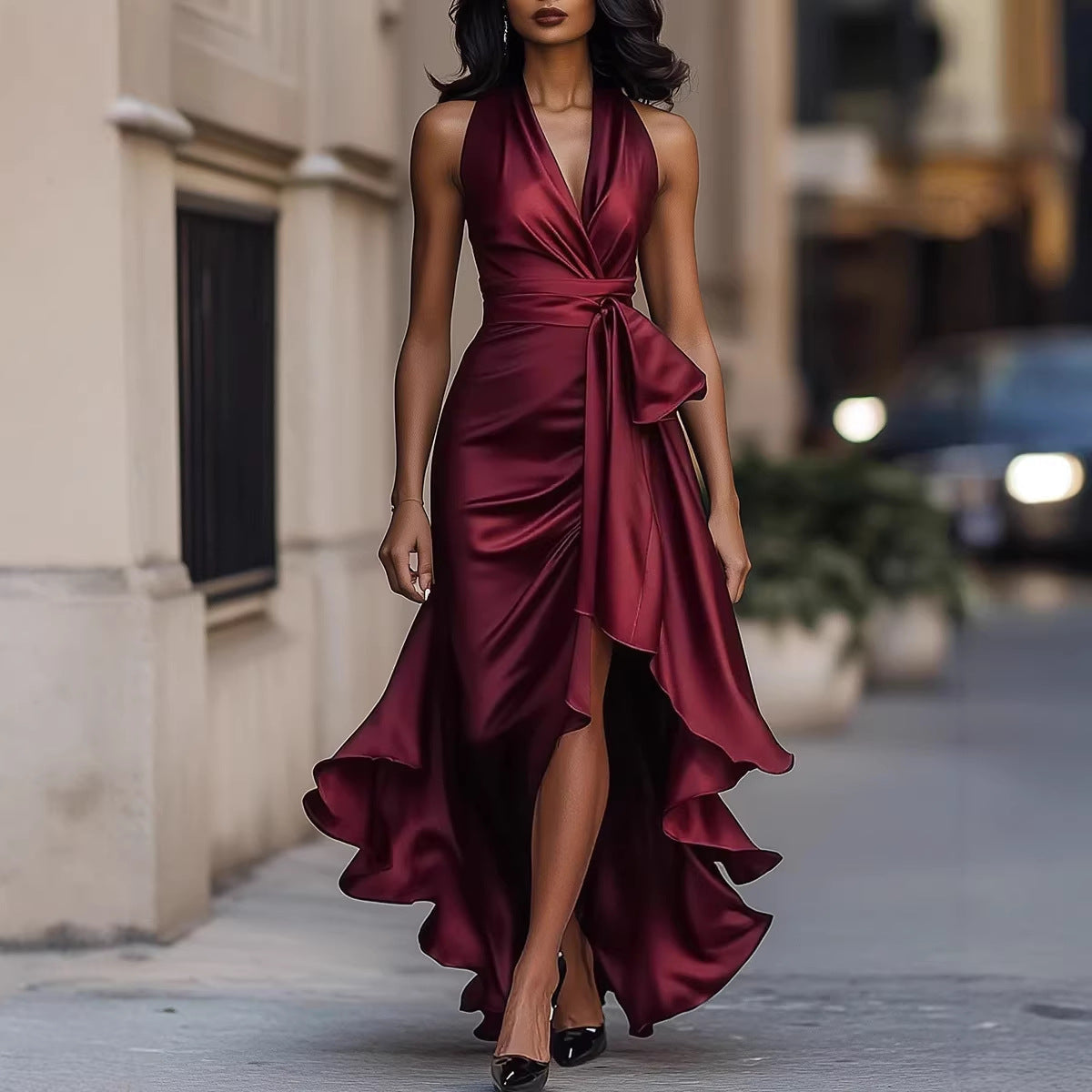 Satin Deep V Plunge neck Sleeveless Waist Trimming Ruffles Elegant Dress for Women