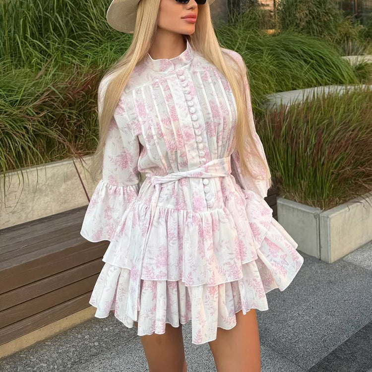 French Short Print Elegant Dress for Women Stand up Collar Flared Sleeves Single Breasted Lace up A line Dress