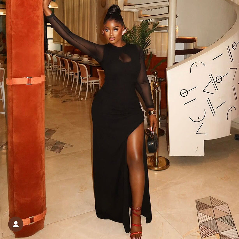 Slim Fit Women Split Solid Color Micro Transparent Hip Dress round Collar Design Long Sleeve Dress