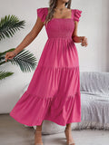 Summer Solid Color Square Collar Wooden Ear Waist A line Dress Women Clothing