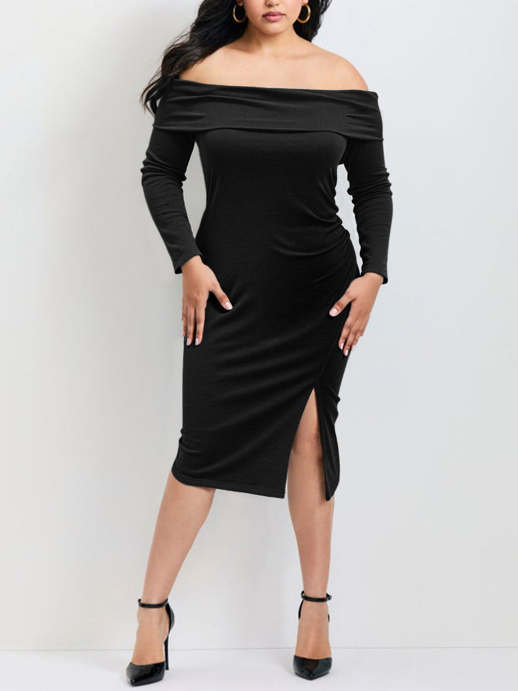 Plus Size Women Clothes Autumn French Sexy Strapless Long Sleeve Slim Fit Slimming Knitted Sheath Split Dress