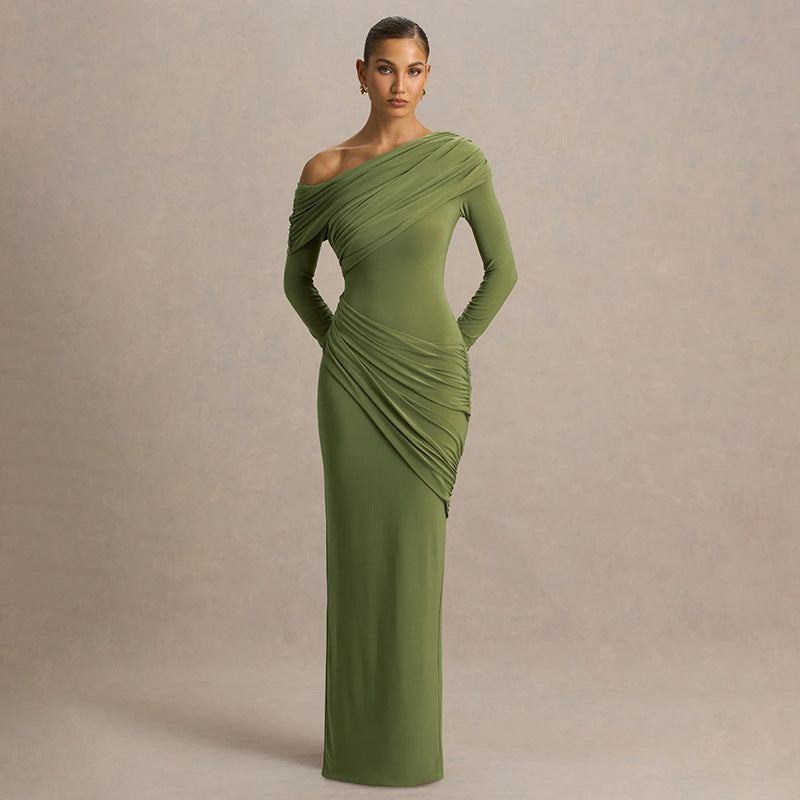 Women Clothing Autumn Winter Solid Color Elegant Slim Fit Asymmetric Neckline Pleated Dress