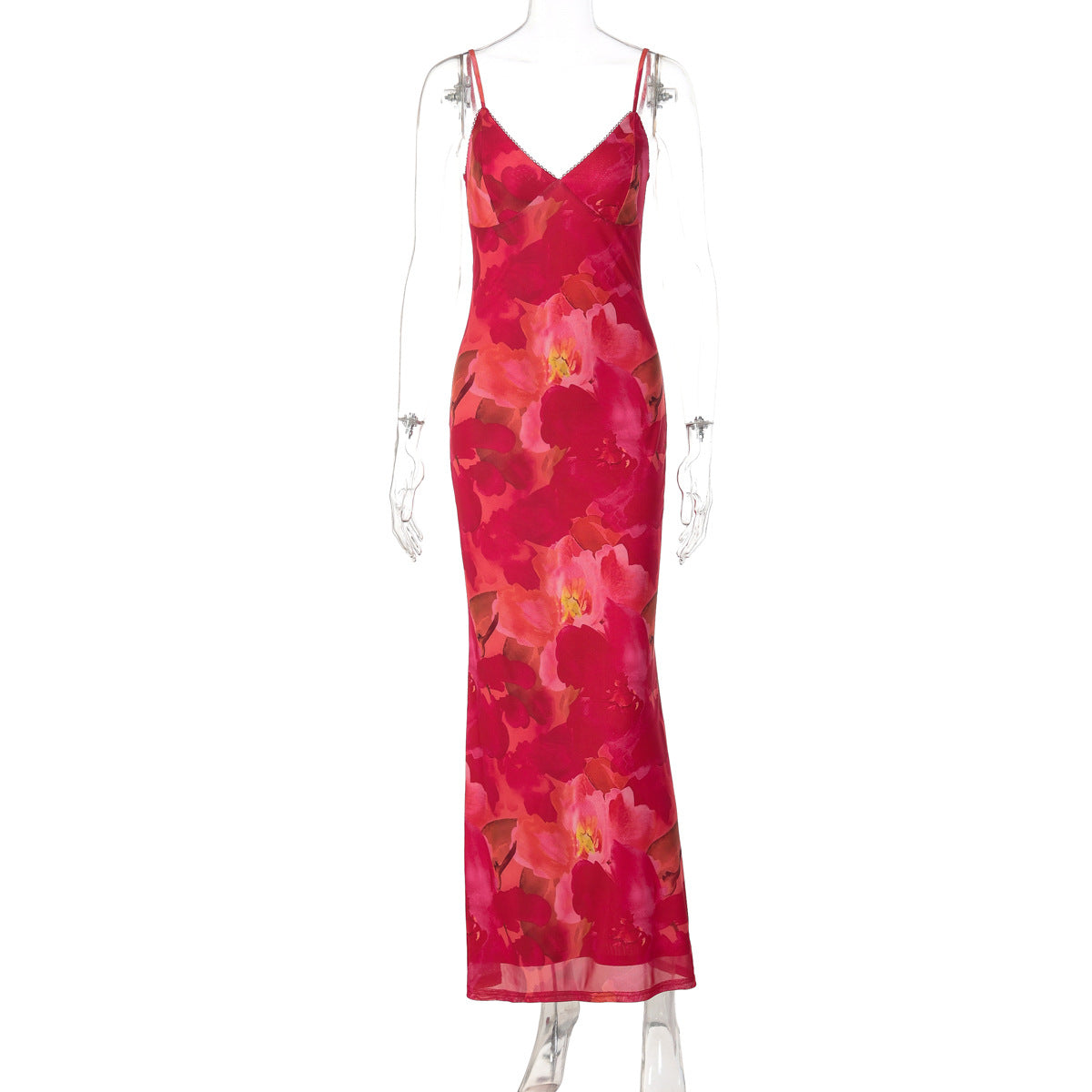 Women Sexy Deep V Plunge neck Mesh Floral Print Sleeveless Strap Skinny Sheath Dress