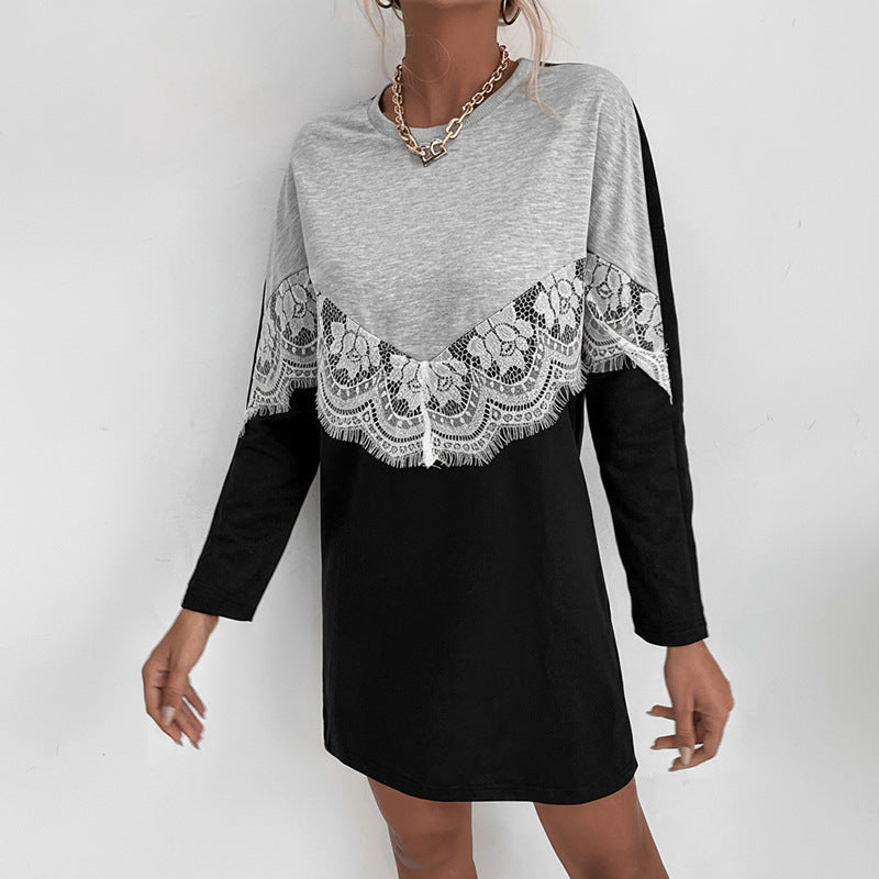 Autumn Casual Dress Loose round Neck Long Sleeve Color Matching Sweater Dress