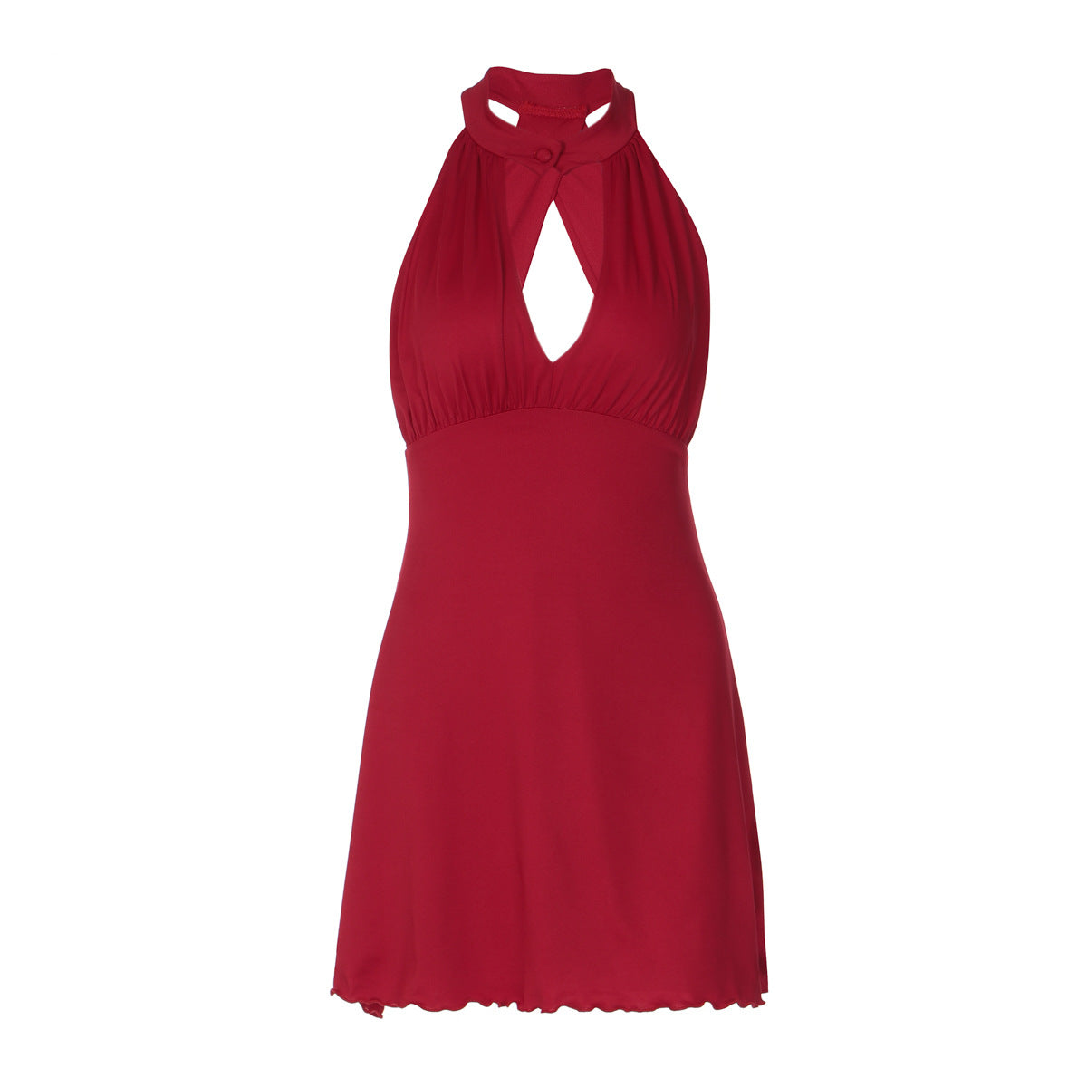 Women Clothing Spring Sexy Scarf Button Low Cut Back Hollow Out Cutout out Halter Wave Edge Dress