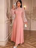 Elegant Lace Lantern Sleeve Dress Hollow Out Cutout out Long Sleeve Cinched Pleated Swing Party Dress