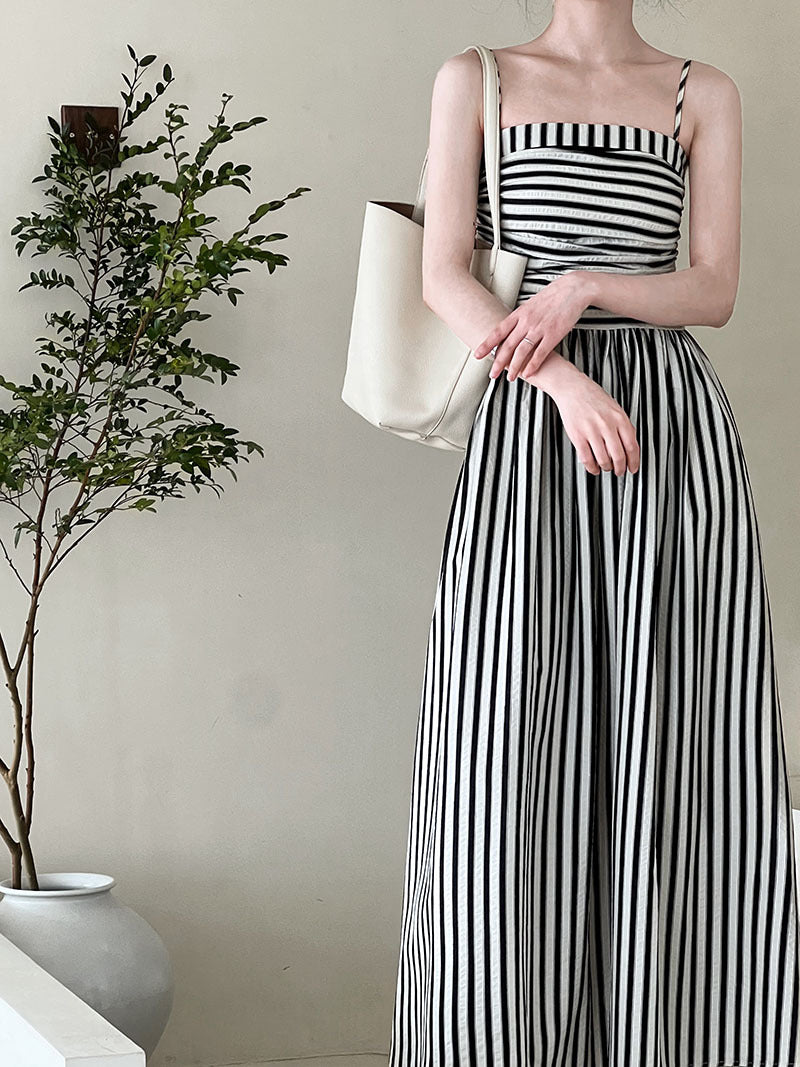 French Striped Bandeau Sling Dress Women High Grade off the Shoulder Pleated Waist Tight A line Long Summer