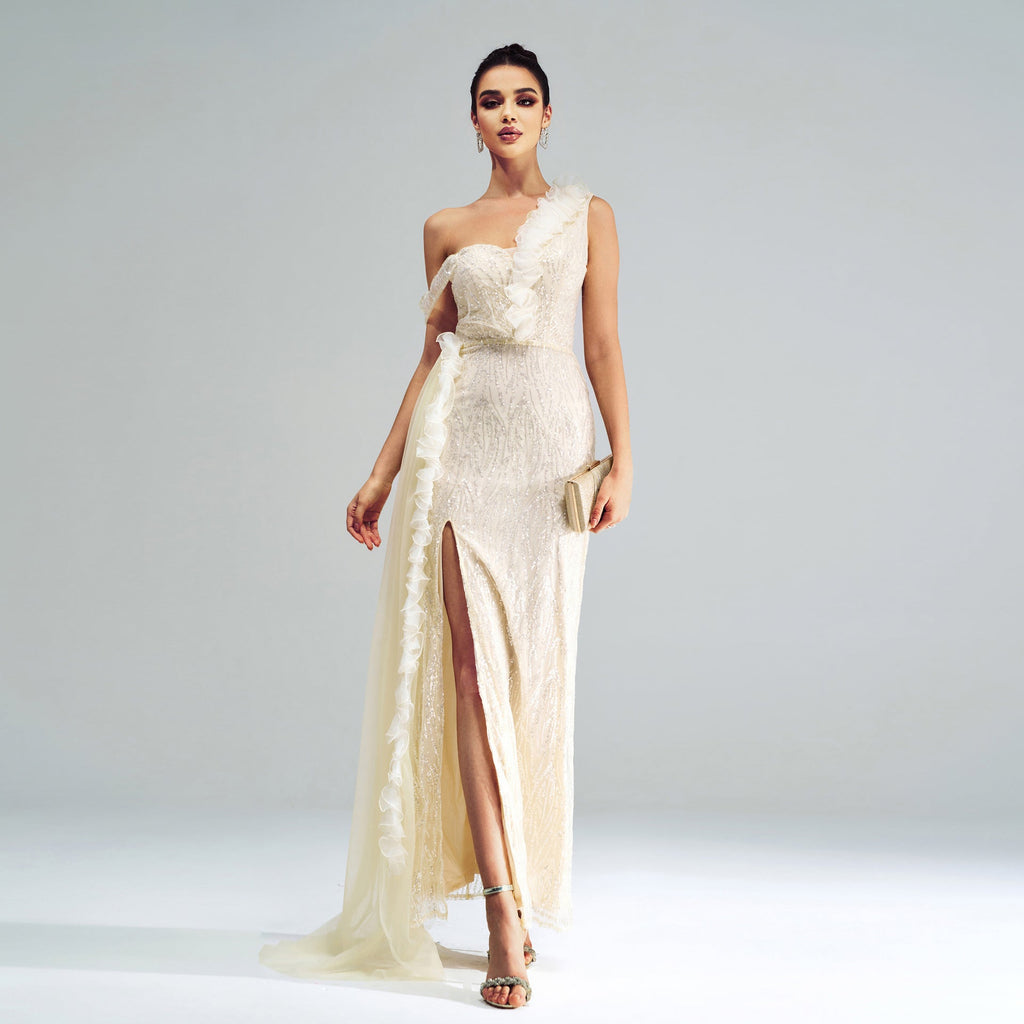 High Class Elegant Sleeveless One Shoulder Cold Shoulder Cocktail Sheath Sequined Split Evening Dress