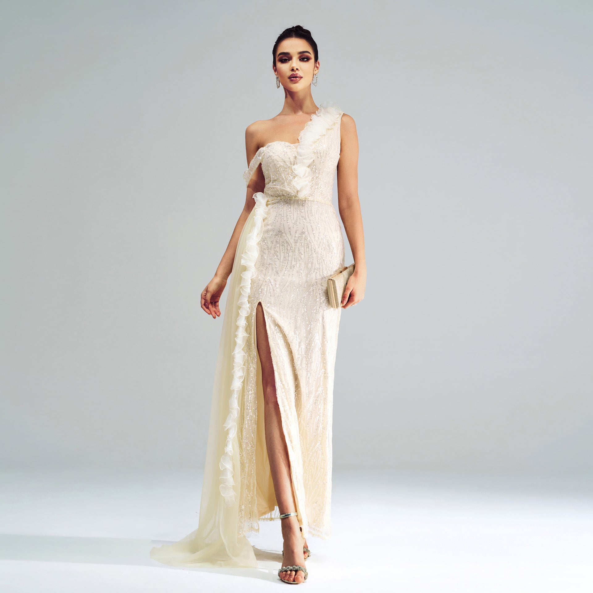 High Class Elegant Sleeveless One Shoulder Cold Shoulder Cocktail Sheath Sequined Split Evening Dress
