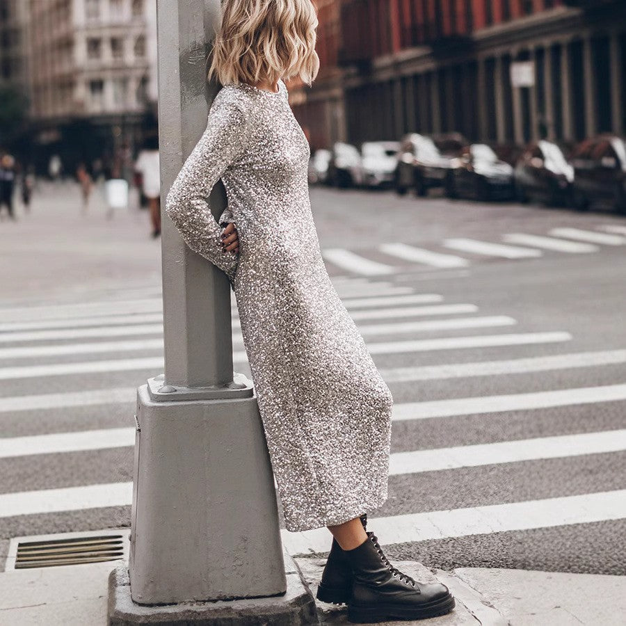 Simple Sequin Street Graceful Fashionable Long Sleeve Dress