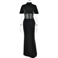 Wear See through Voile Half Turtleneck Dress Sexy Slim Fit Short Sleeved Mop Dress