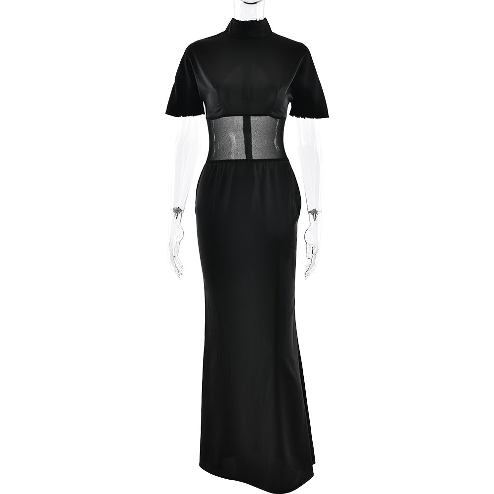 Wear See through Voile Half Turtleneck Dress Sexy Slim Fit Short Sleeved Mop Dress