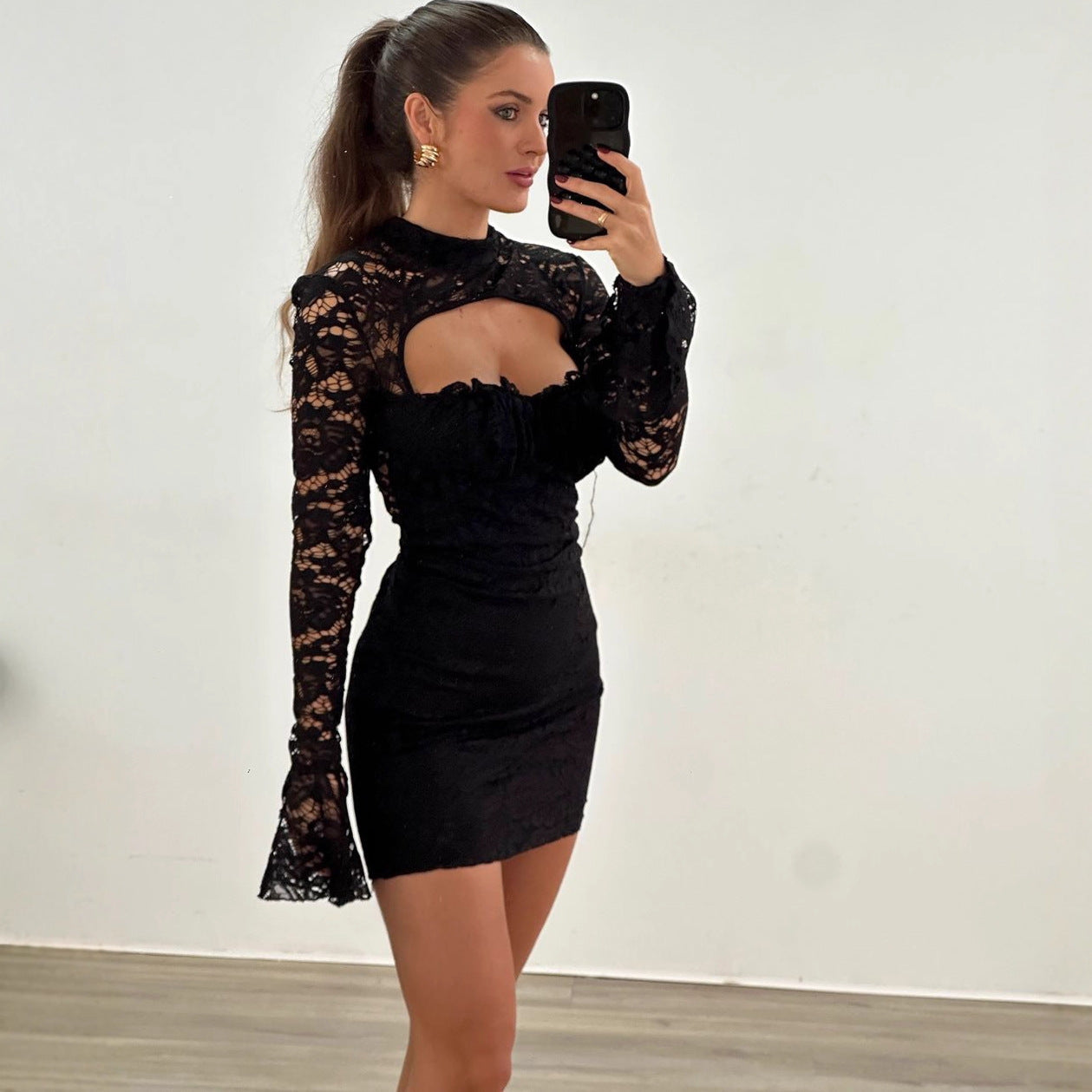 Women lothing Autumn Sexy Lace Hollow Out Cutout out Tight Sheath Dress