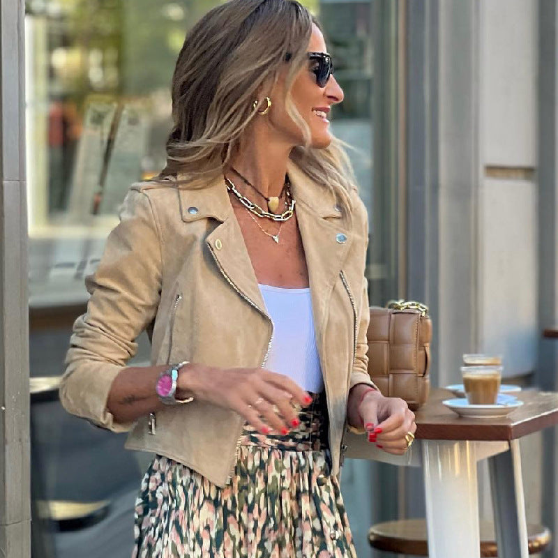 Women Clothing Suede Motorcycle Jacket Printed Pleated Skirt Retro Handsome Slimming Two Piece Sets