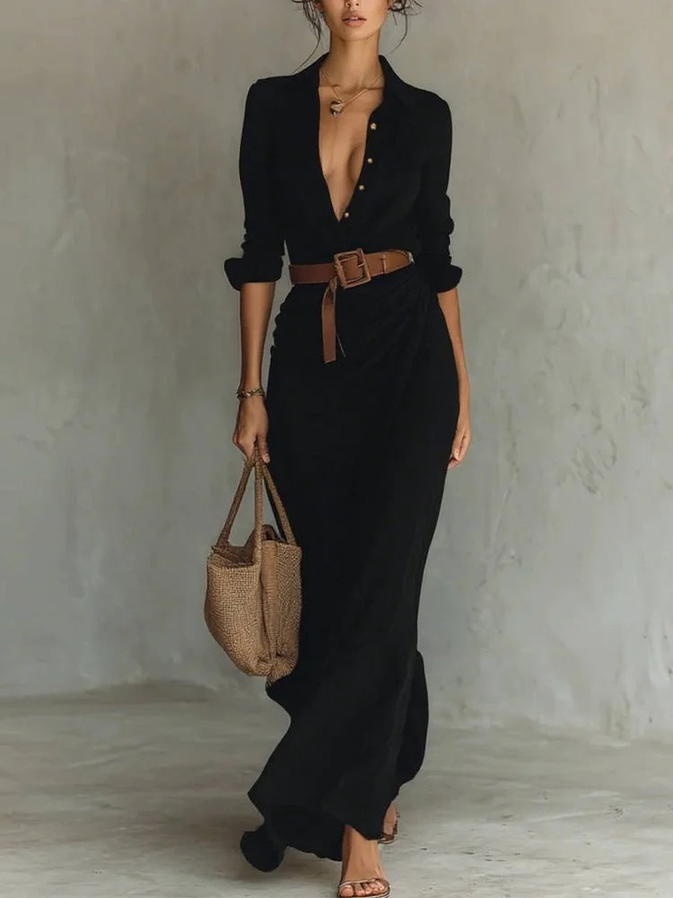 Women Clothing Autumn Elegant Graceful Sexy Solid Color Irregular Asymmetric Pleated Dress with Belt