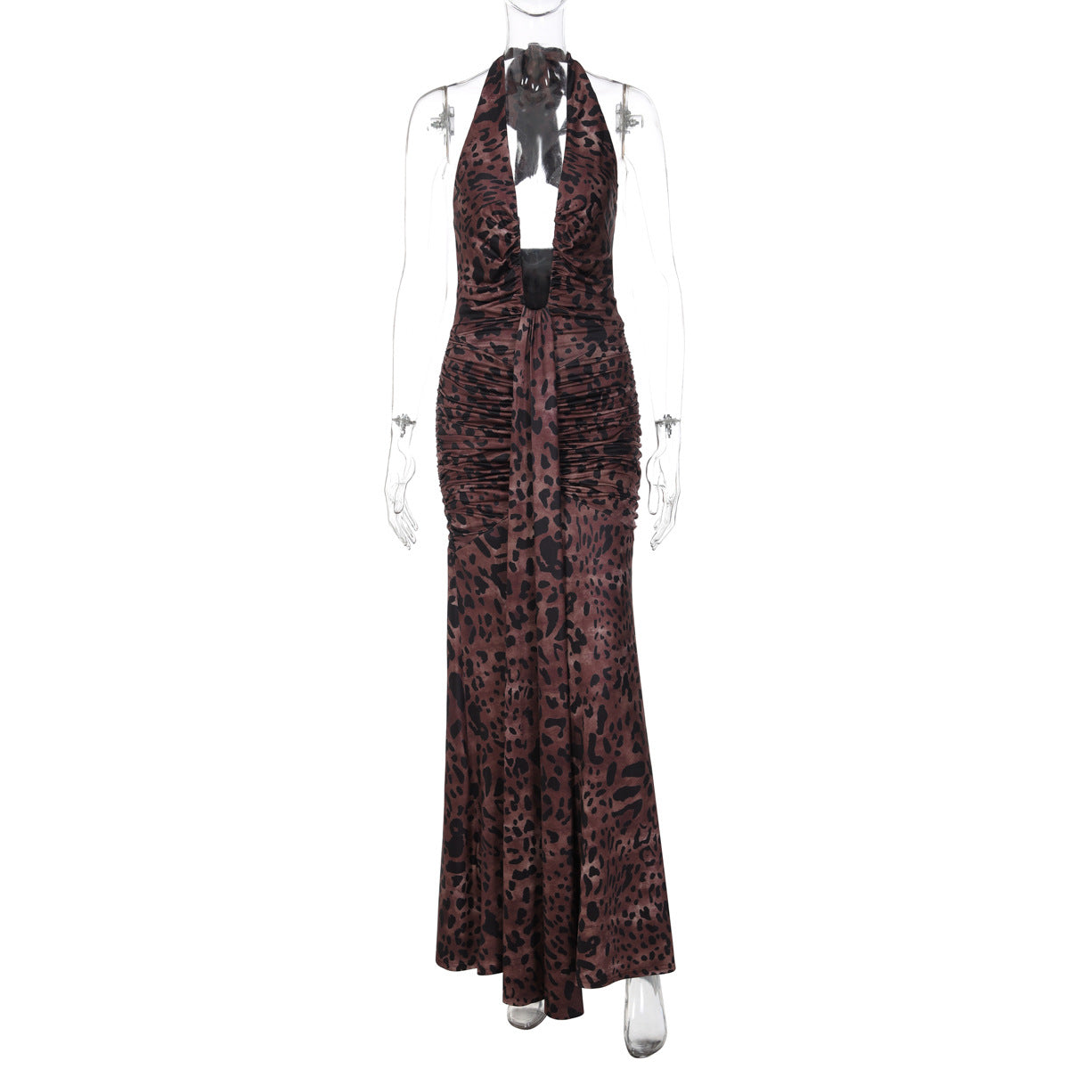 Women Clothing Sexy Deep V Plunge Halter Backless Slim Fit Pleated Dress