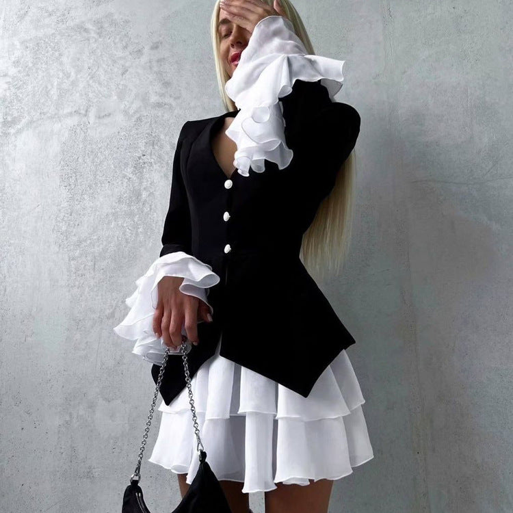 Women Clothing Black White Color Contrast Short Dress V neck Flared Sleeves Elegant A line Dress