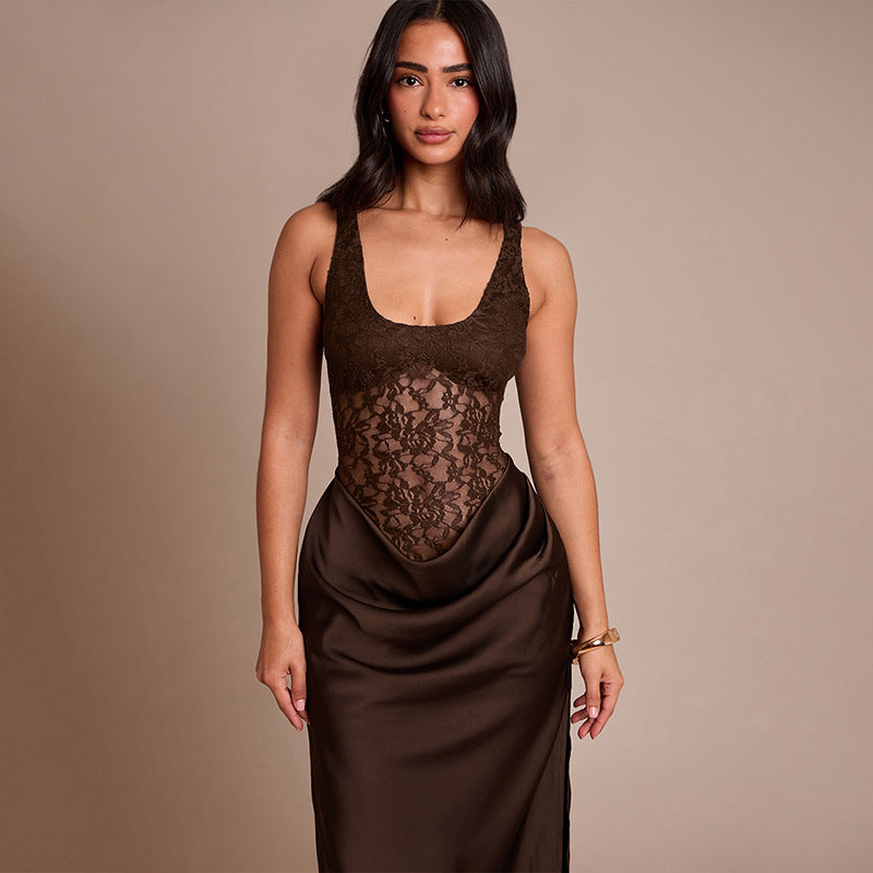 Women Clothing Autumn Winter Sexy Sleeveless Vest Lace Stitching Side Slit Dress for Women