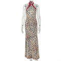 Leopard Print Women Printed Slim Fitting Patchwork Hip Dress Hanging Collar Sleeveless Elegant Street Dress
