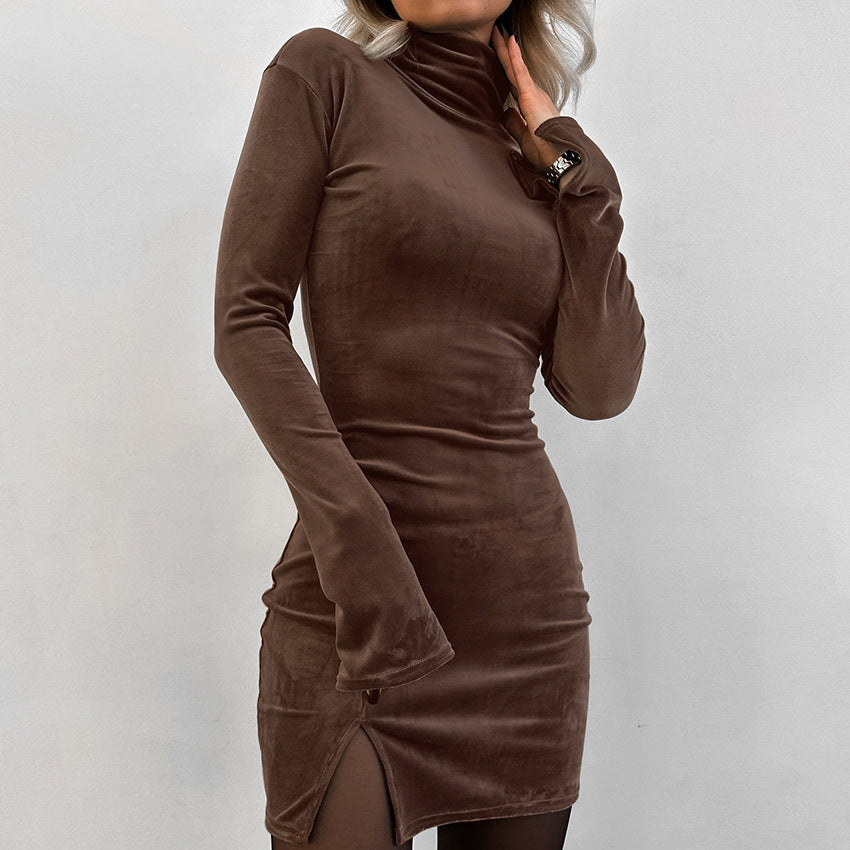 Sexy Slim Fit Silver Fox Velvet Sheath Turtleneck Solid Color Dress Autumn