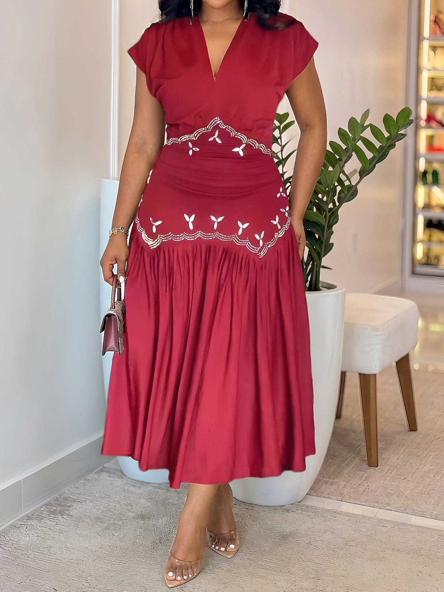 Women Elegant Slim Fit Rhinestone Rhinestone Ornament Sleeveless Dress