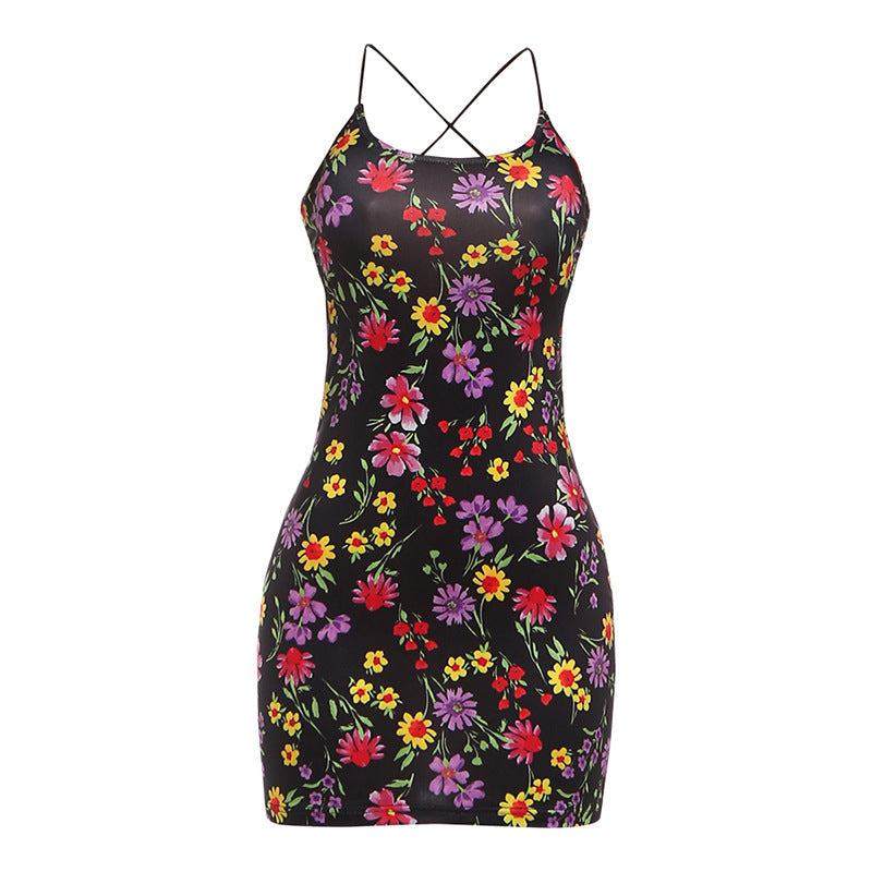 Women Clothing Sexy Cross Halterneck Backless Slim Fit Hollow Out Cutout Printed Dress