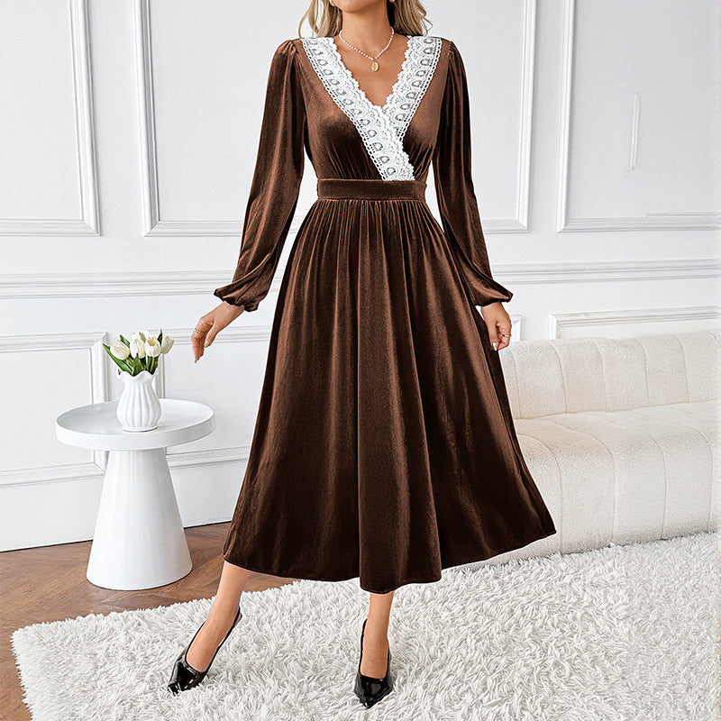 Autumn Winter Maxi Dress Stitching Lace V neck Long Sleeve Velvet Dress Women
