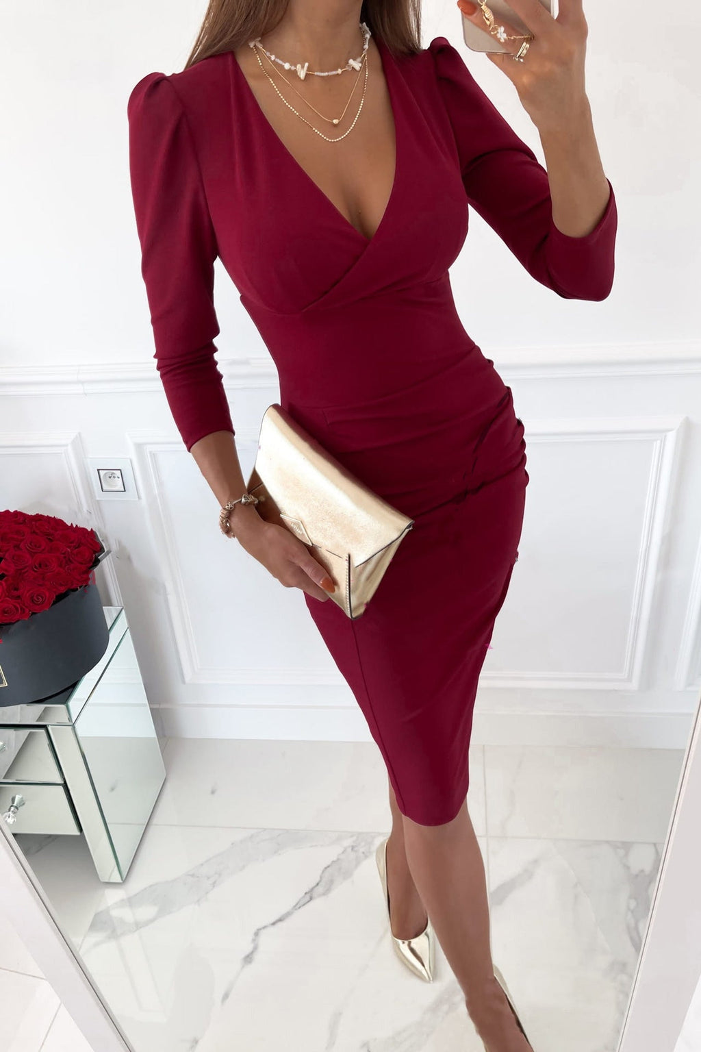 Fall Winter V neck Sexy Waist Dress for Women