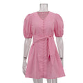 French Dress Women V neck Puff Sleeve Single Breasted Lace up High Waist A line