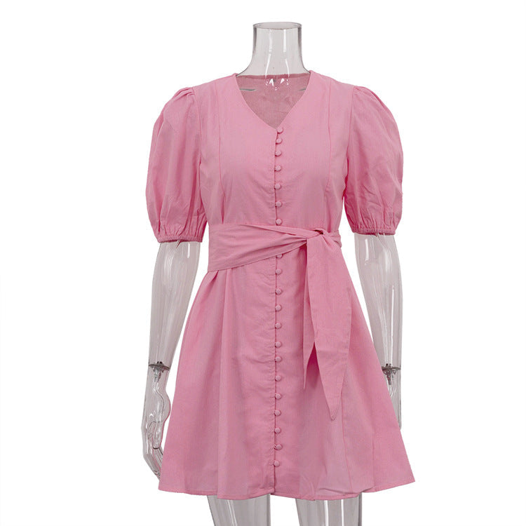 French Dress Women V neck Puff Sleeve Single Breasted Lace up High Waist A line