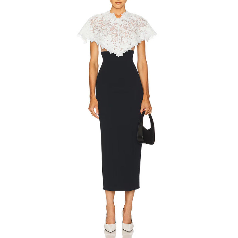 Elegant Socialite Chanel Dress High Grade Lace Stitching Shawl Slim Slimming Sheath Dress