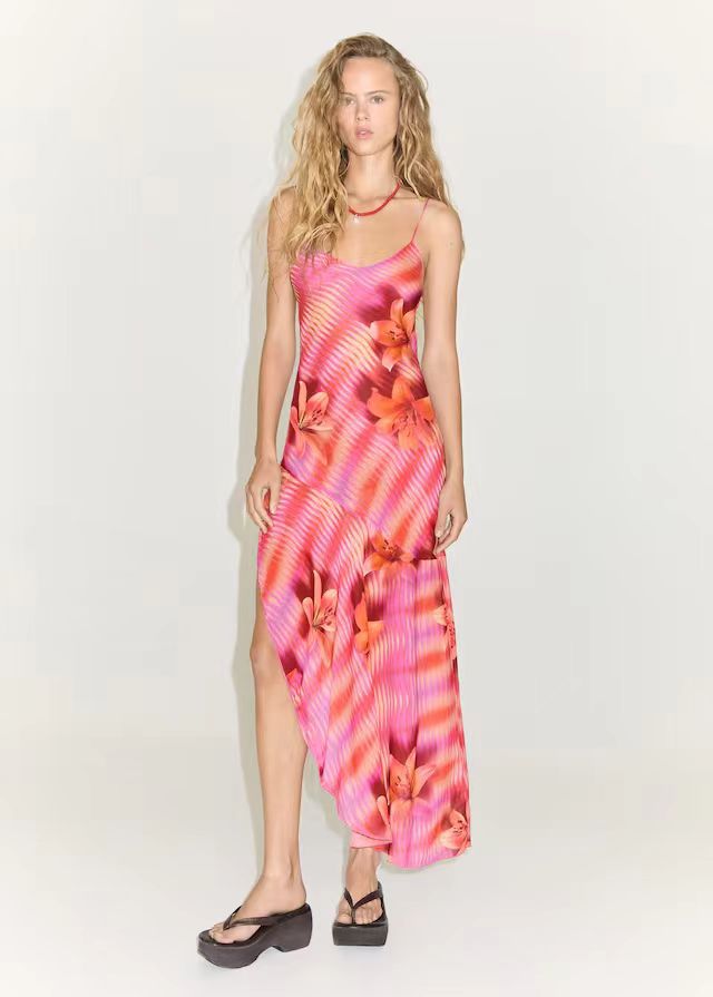 Backless Bandage Slit Printing Dress Women Clothing Printing Slip Dress
