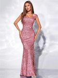 Middle East Solid Color U Collar Sequined Strap High Waist Evening Dress Fishtail Dress Maxi Dress