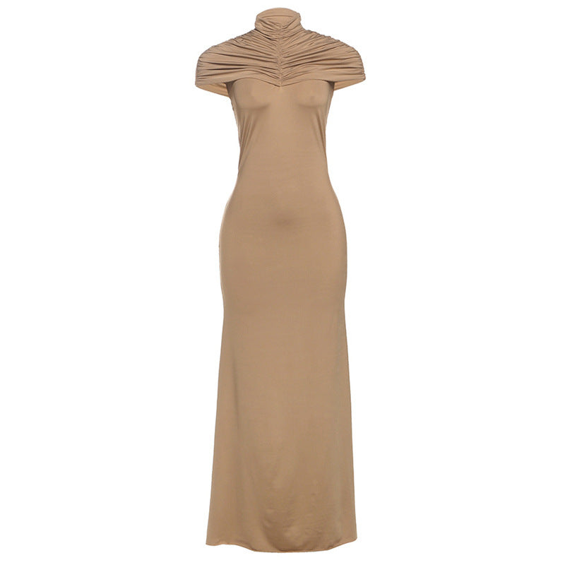 Women Clothing Autumn Winter Elegant Sexy Slim Hollow Out Cutout Pleated Turtleneck Solid Color Dress