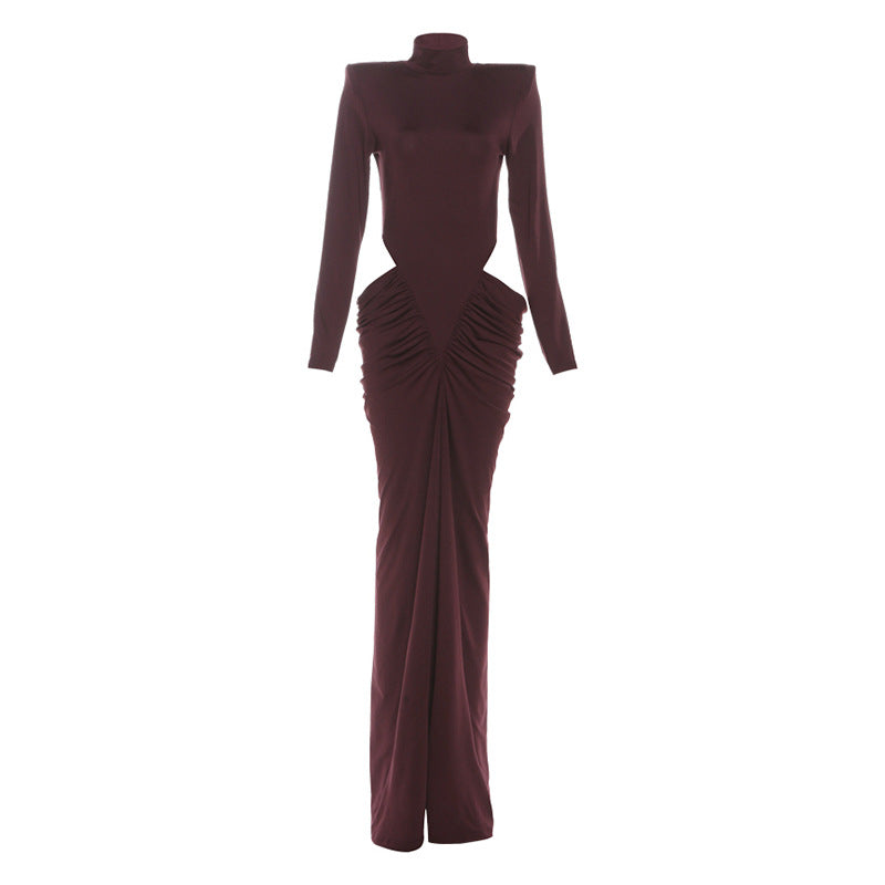 Autumn Winter Women Long Sleeved High Collar Slim Fit Pleated Sexy Cutout Sheath Dress
