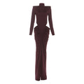 Autumn Winter Women Long Sleeved High Collar Slim Fit Pleated Sexy Cutout Sheath Dress