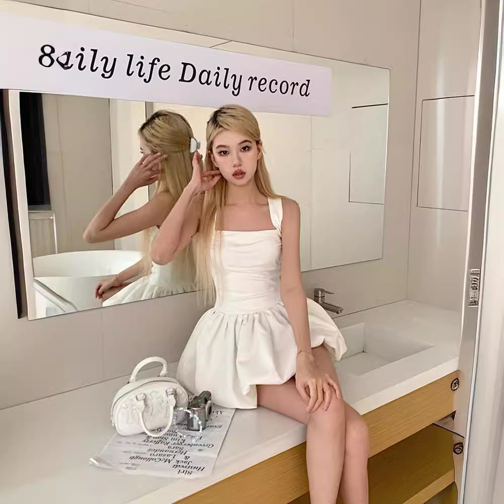 Ballet White Cami Dress Women Summer Small Waist A line Slimming Puffy Short Dress